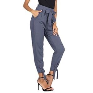 GRACE KARIN Paper Bag Waist Tie Ankle High Rise Trousers Blue Slate S Pant NWT